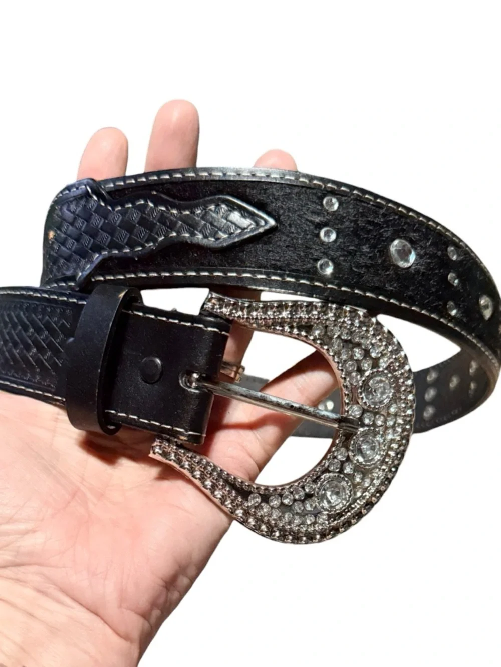 Black Rhinestone Western Belt removable Crystal Buckle faux fur woven‎ leather